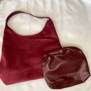Burgundy Shoulder Bag with Pouch, Magnetic & Zip Closure, Gold Hardware, Large